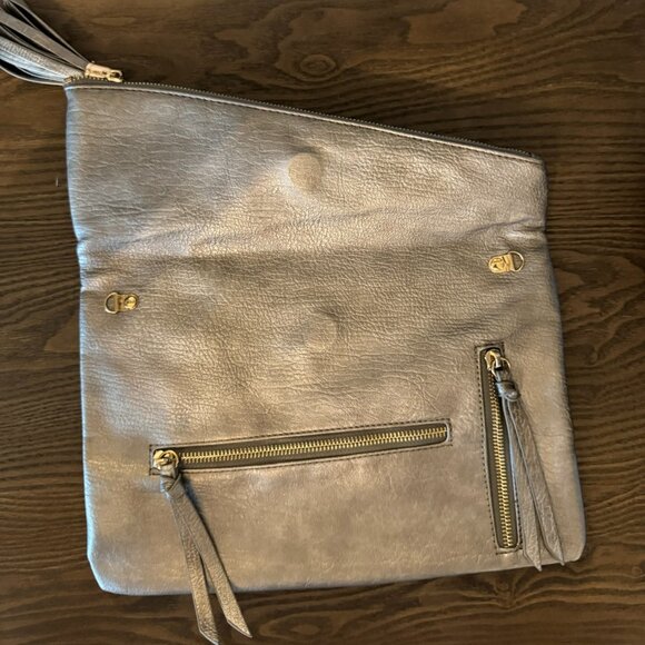 Woven Foldover Clutch with Tassel Zippers – Neutral Gray Evening Bag - Picture 3 of 6